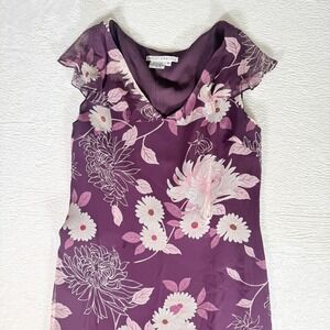 Maggy London Floral Print Purple Chiffon 100% Silk Midi Dress Fairy Size 10